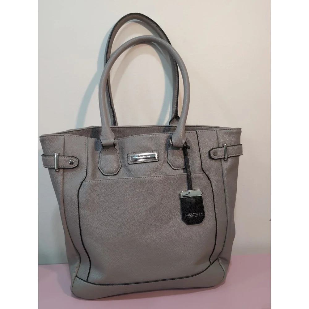 Kenneth Cole Reaction Gray Faux Leather Textured Gray Satchel with Logo Charm